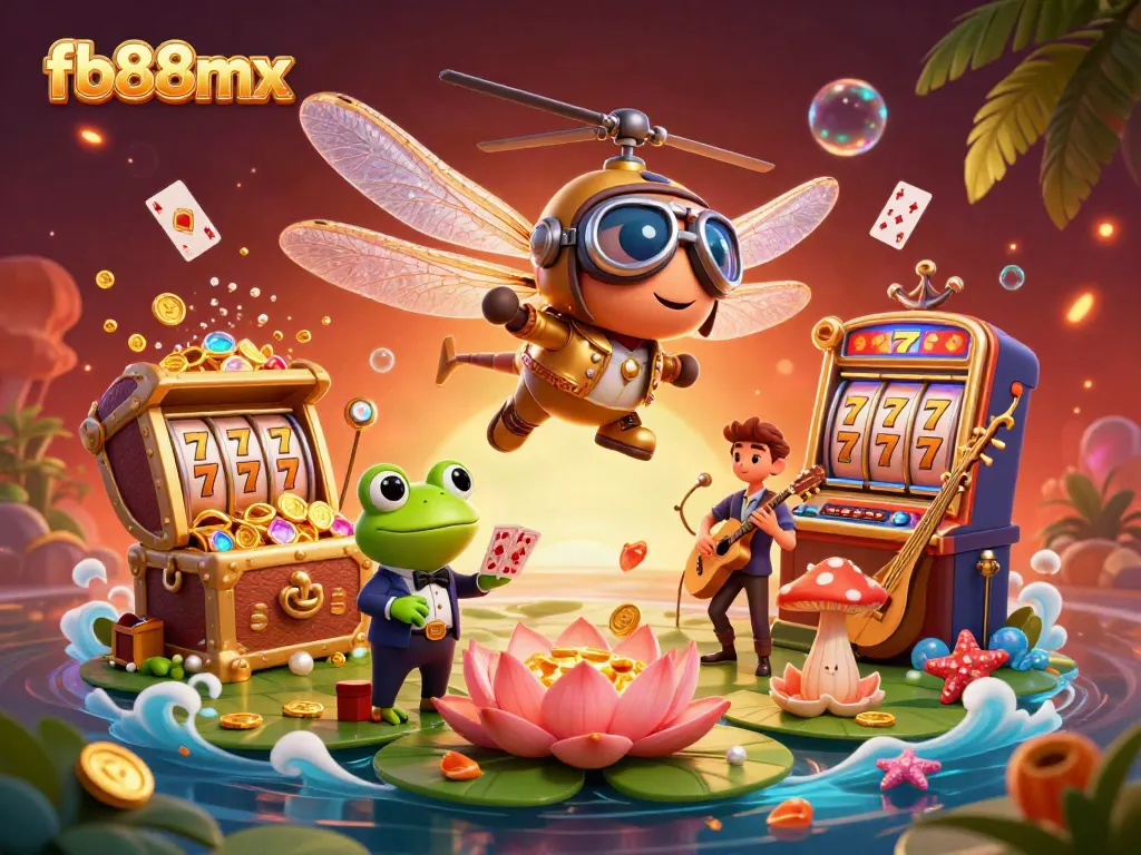 Experience the thrilling action of fb88mx with a vibrant 3D casino scene featuring a dragonfly pilot and frog croupier.