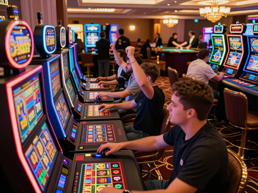 SpinAdvisor enhances your gaming experience as players celebrate wins at vibrant slot machines in a lively casino.