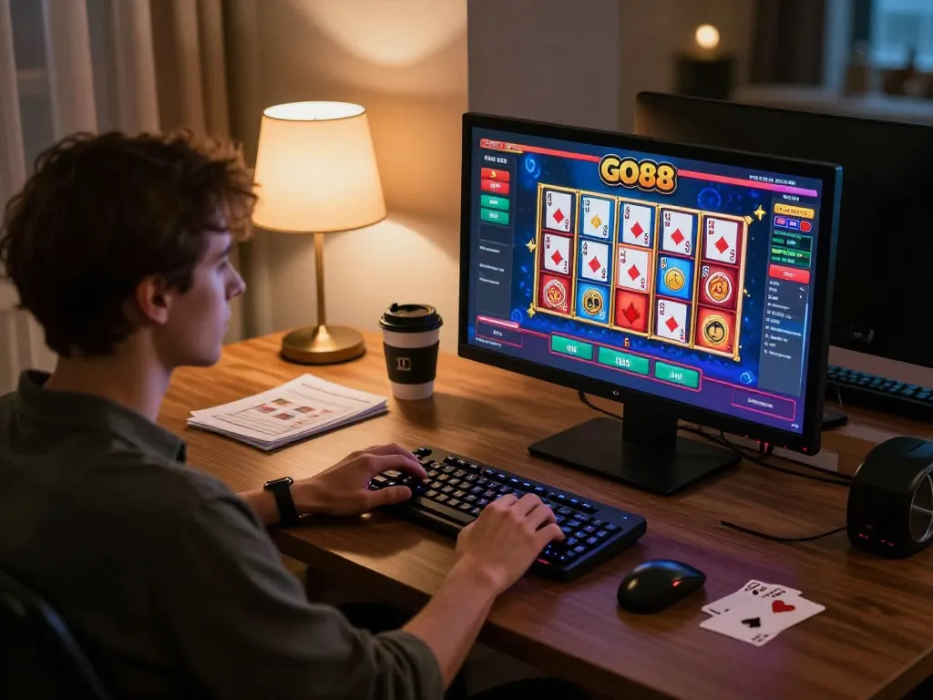 Engaging in GO88 online gambling strategy with interactive game graphics and cozy desk setting.
