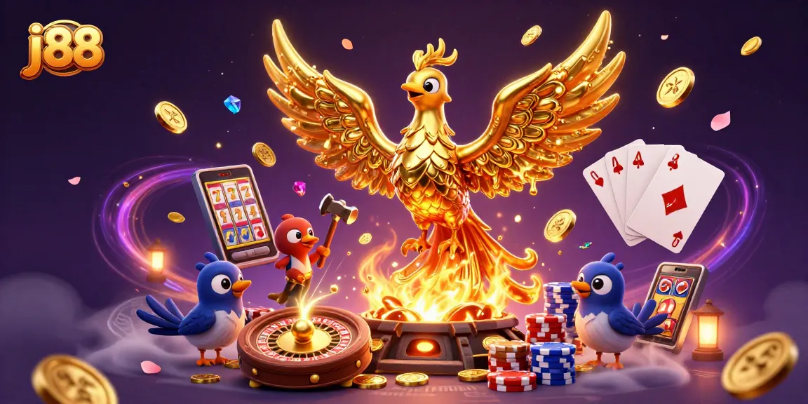 Experience thrilling j88 casino action with a golden phoenix and vibrant game elements.