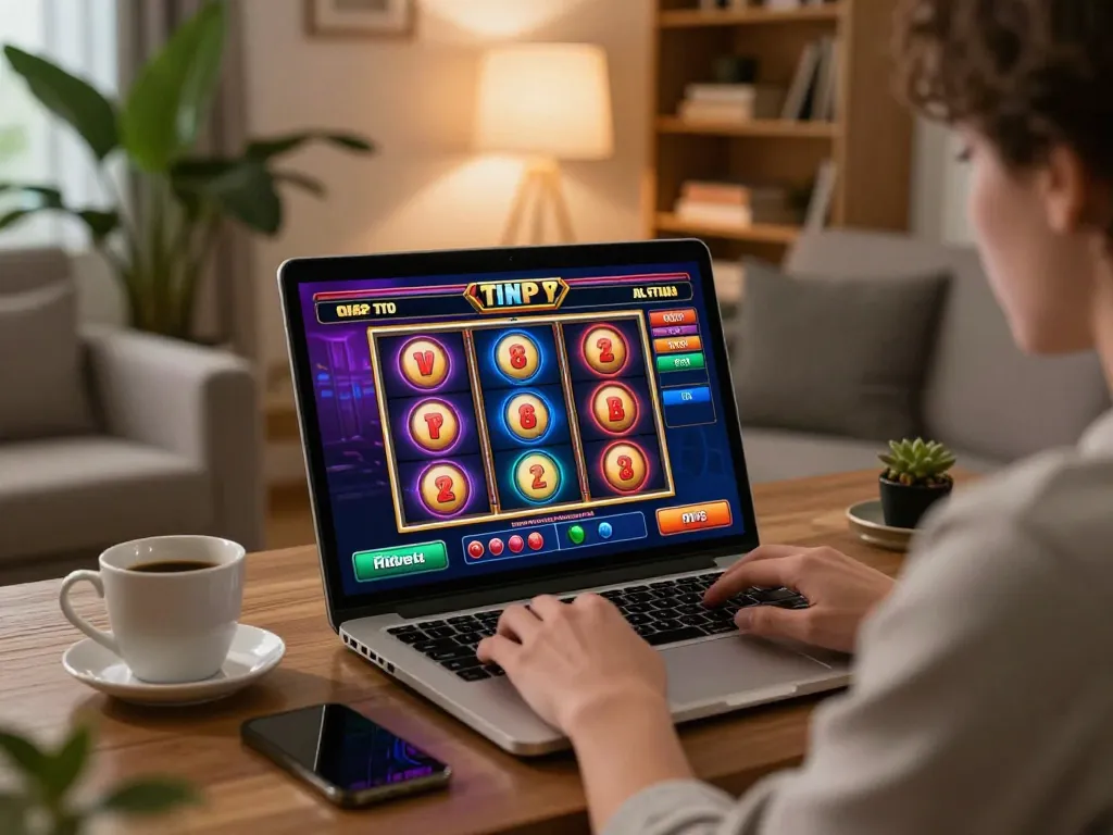 Engaging in online slots gameplay on a laptop in a cozy living room environment
