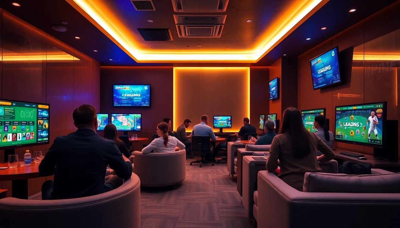 Dynamic scene of an online gaming lounge representing Nhà cái 33win with engaging betting interfaces and diverse people.