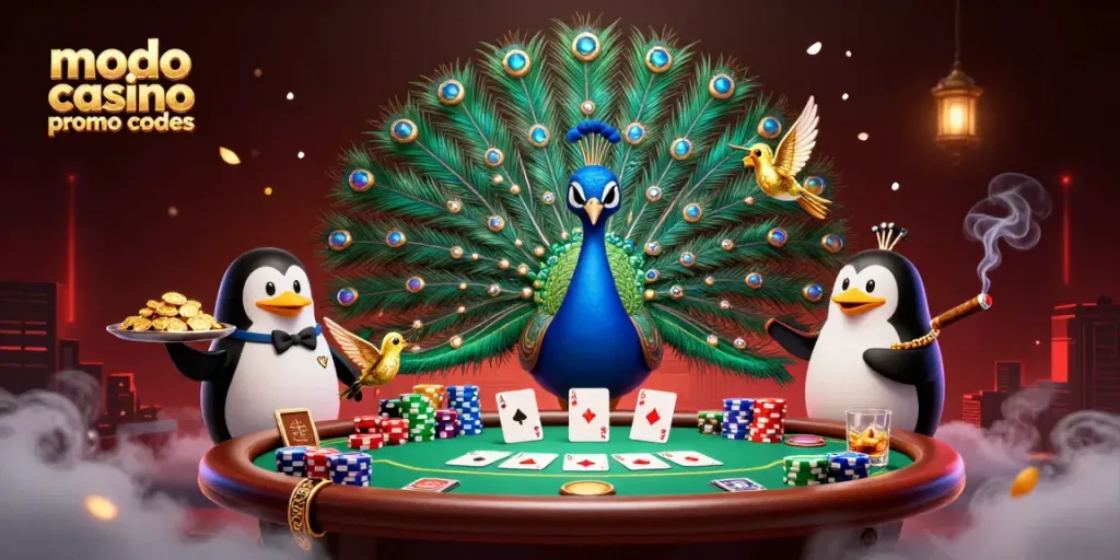 Engage in thrilling gameplay with modo casino promo codes, highlighted by a colorful peacock and lively casino elements.