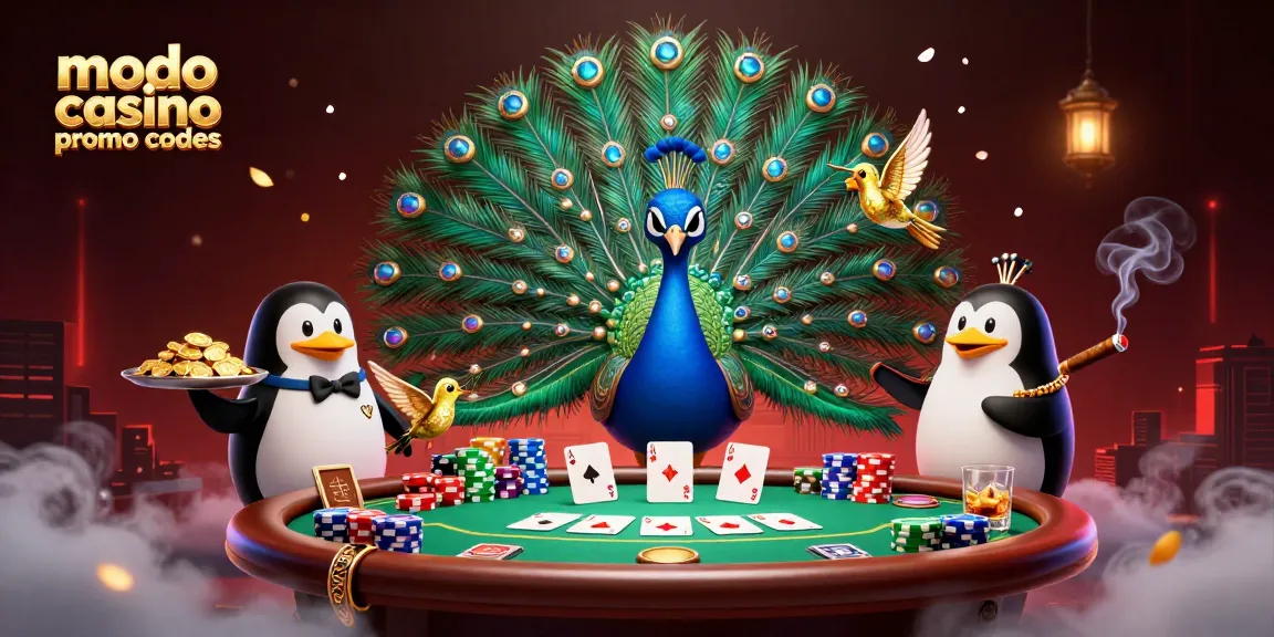 Engage in thrilling gameplay with modo casino promo codes, highlighted by a colorful peacock and lively casino elements.
