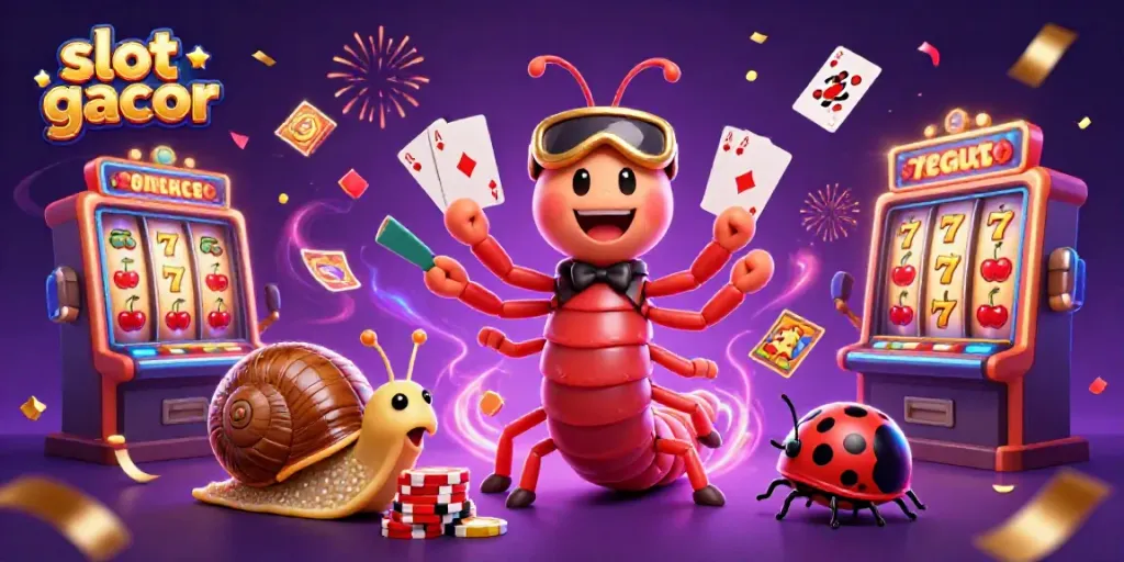 Engaging illustration of a millipede dealer and friends celebrating wins in a colorful slot gacor casino scene.