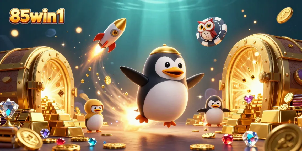 Experience the excitement of 85win1 with a dynamic 3D illustration featuring golden treasures and a rocket-powered penguin.