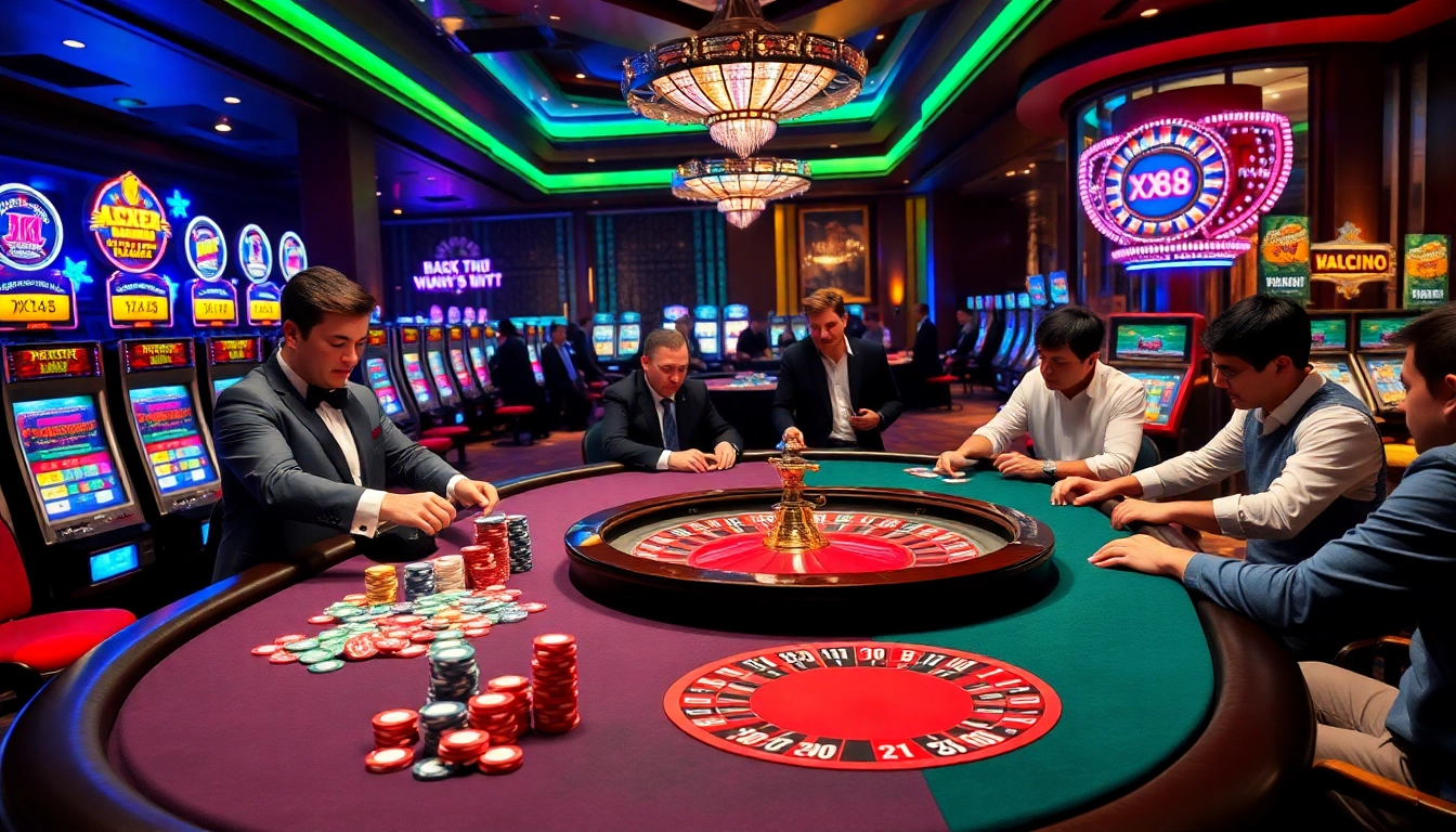 Experience the thrill of XX88 at an upscale casino with vibrant poker tables and slot machines.