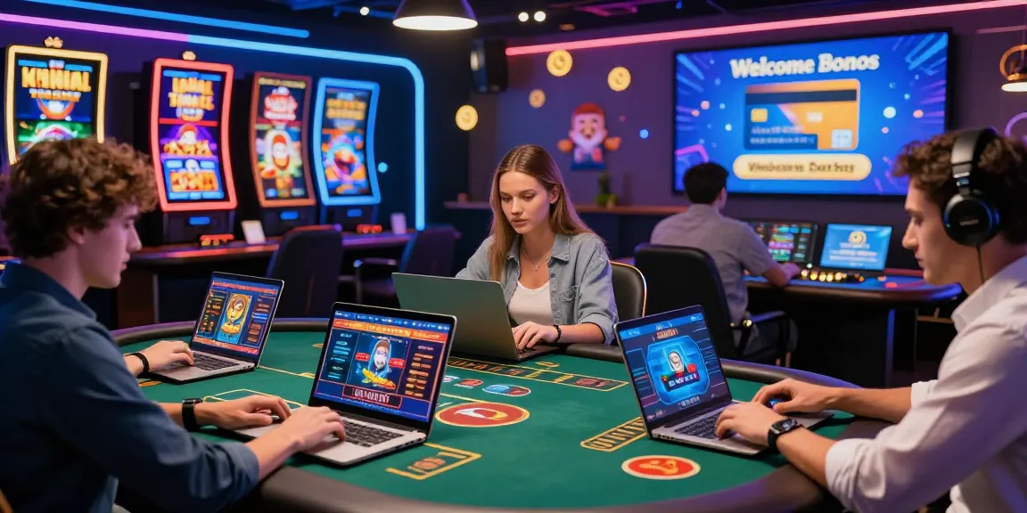 Players engaging in online casinos that accept credit cards, showcasing vibrant gaming on laptops and mobile devices.