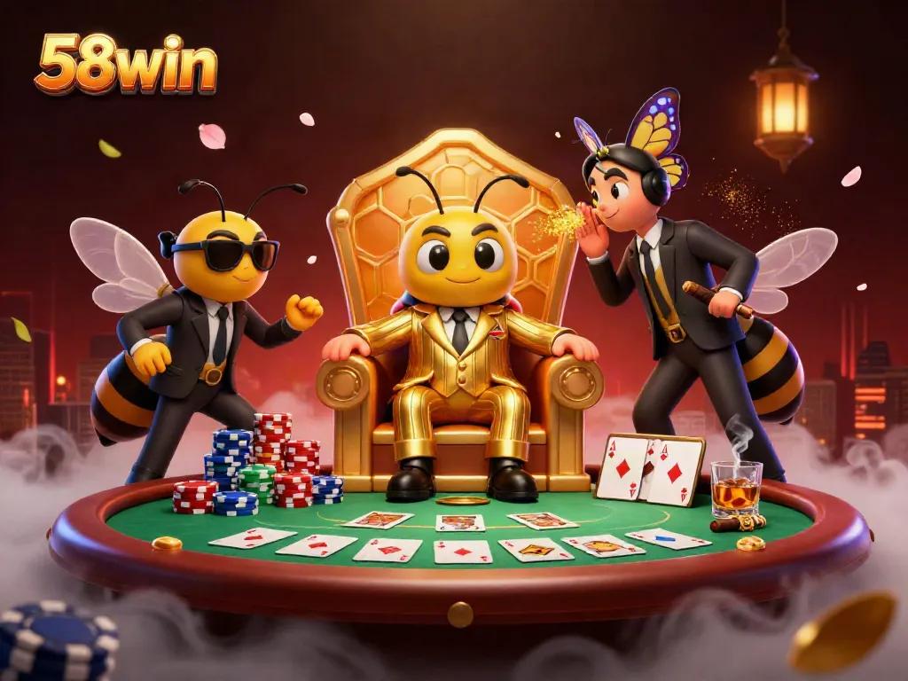 Experience the thrill of poker at 58win with a vibrant cartoon scene featuring a mob boss bee and intense gameplay elements.