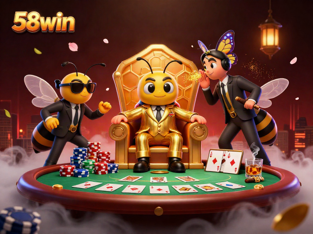 Experience the thrill of poker at 58win with a vibrant cartoon scene featuring a mob boss bee and intense gameplay elements.