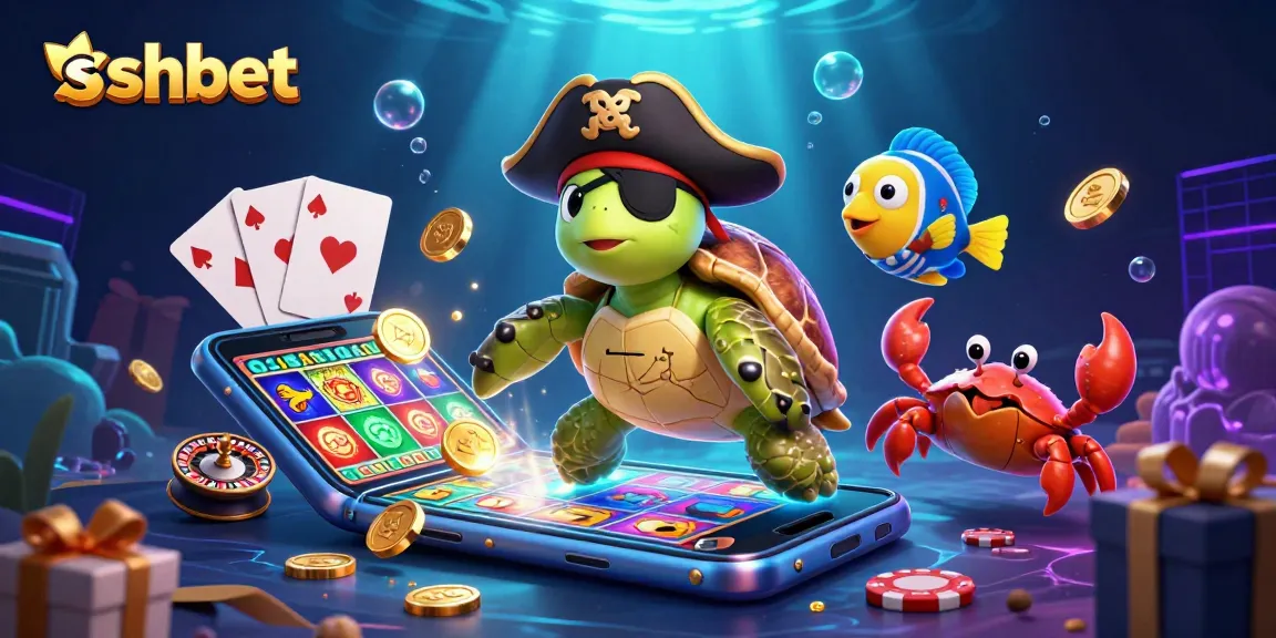 Engage with sshbet as a 3D cartoon pirate turtle dives into an underwater casino experience.