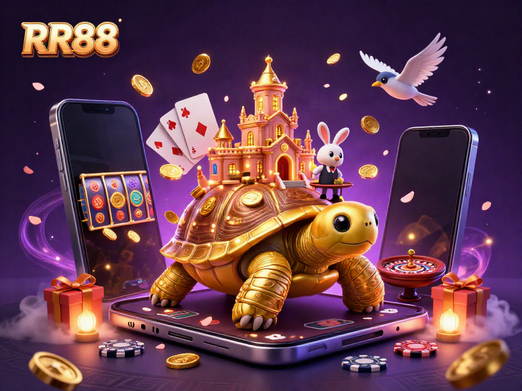 Engage in RR88's thrilling casino world with a stunning 3D scene of a golden tortoise and a rabbit dealer.