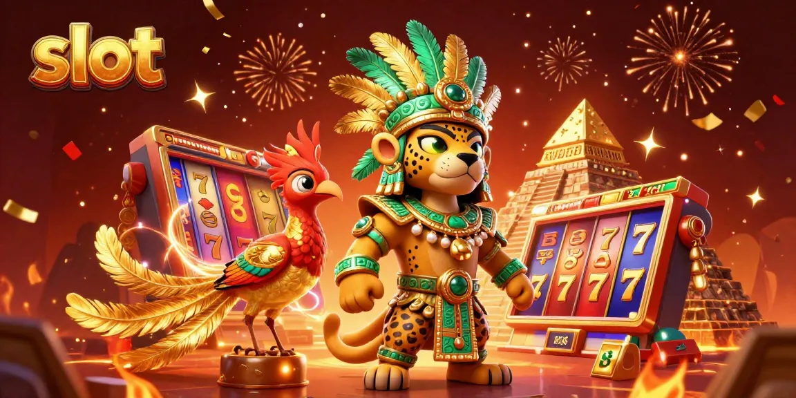 Spin the slot reels with a Mayan jaguar priest in a vibrant casino atmosphere.