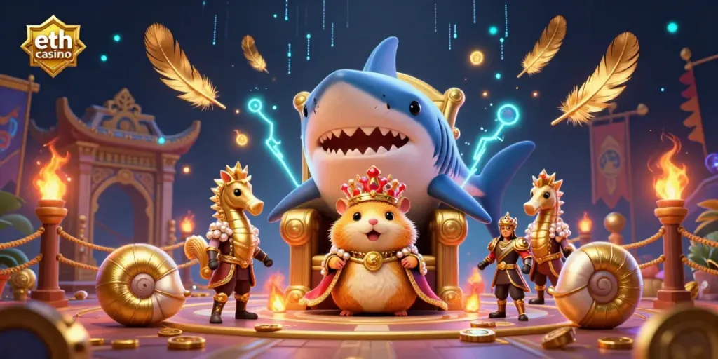 Experience thrilling gaming in this eth casino scene featuring a golden hamster king and vibrant underwater elements.