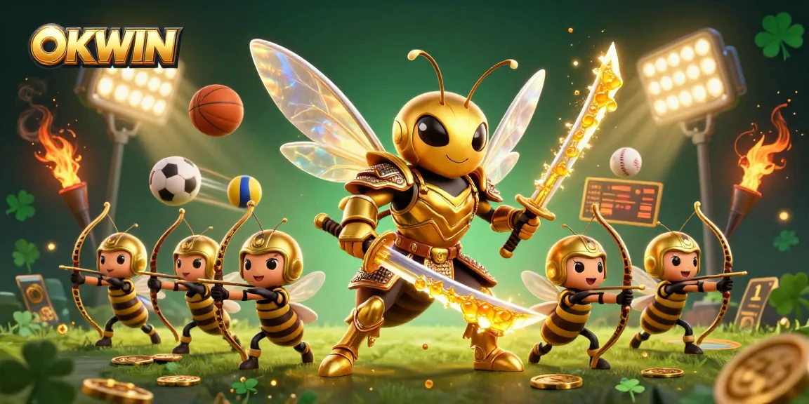 Engage in exciting sports betting action with OKWIN in a dynamic 3D illustration featuring a gaming atmosphere full of energy.