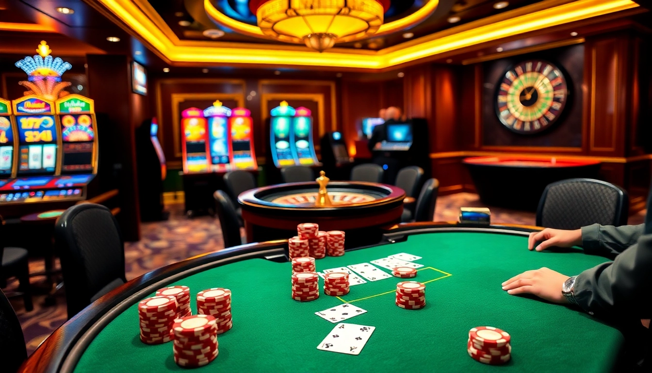 Engaging scene at Trang Chủ BJ88 with lively players at a blackjack table surrounded by colorful slot machines.