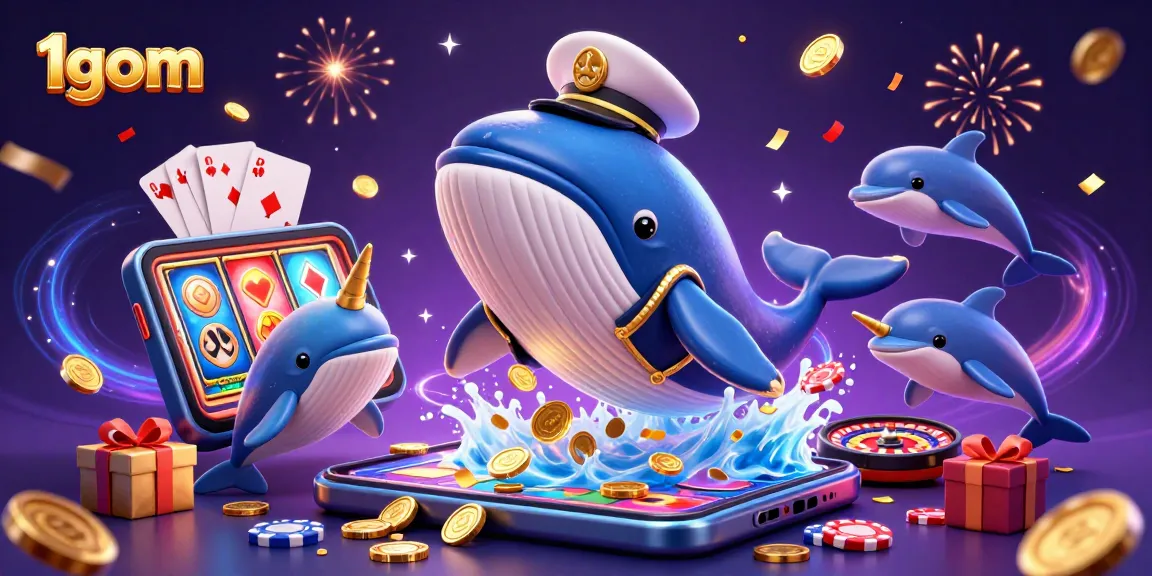 Engage with 1gom’s dynamic casino scene featuring a whale, narwhal, and dolphins amidst vibrant gaming elements.