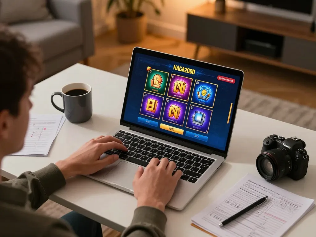 NAGA2000 online slot gameplay on a laptop, showcasing vibrant slots and gaming strategies