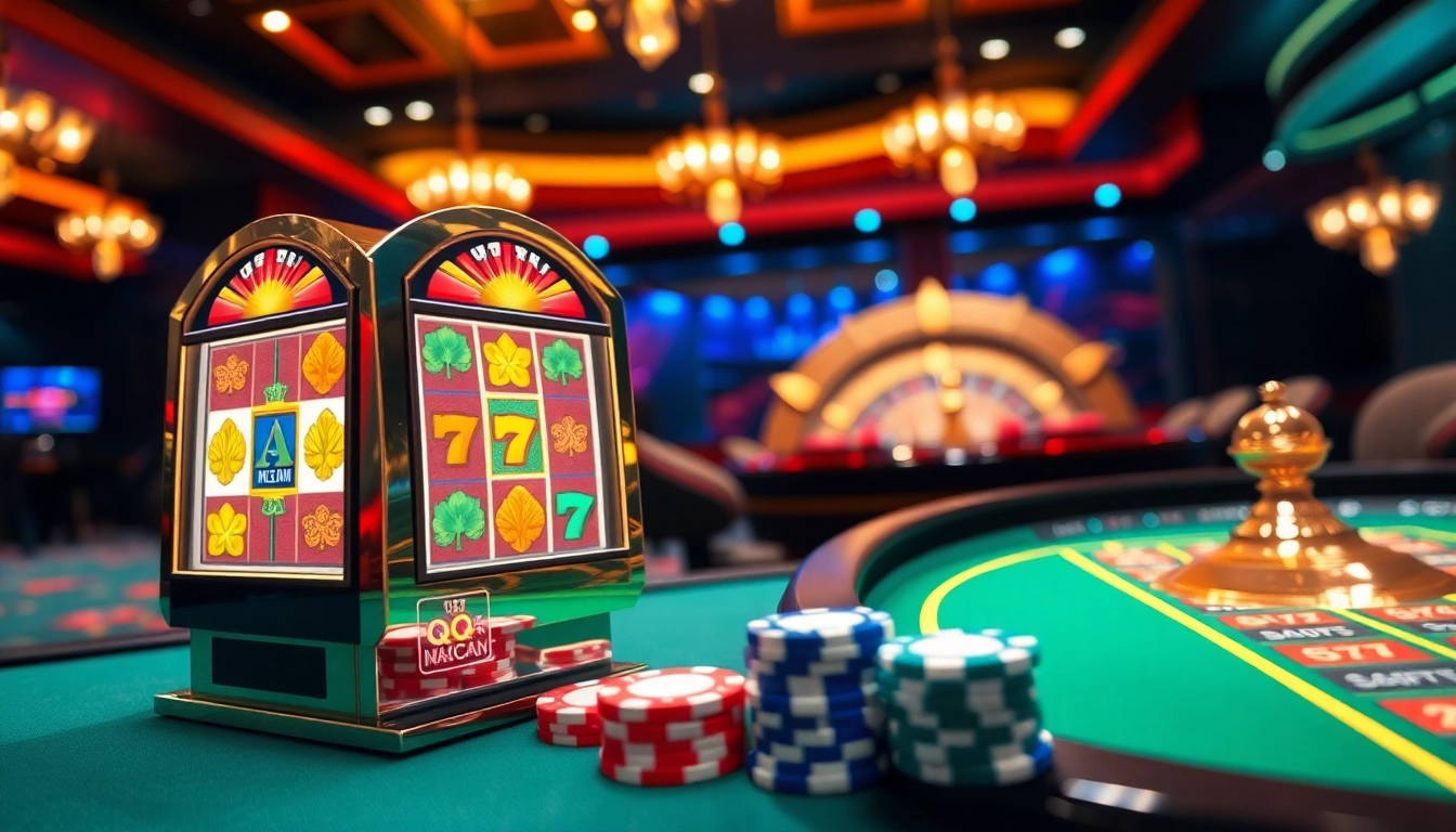 Experience the thrill of QQMacan gaming with vibrant slots and luxury casino elements.