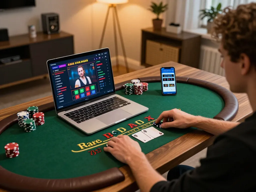 Engaging gameplay at nhà cái cm88 with live dealer blackjack on a laptop, showcasing a cozy gaming atmosphere