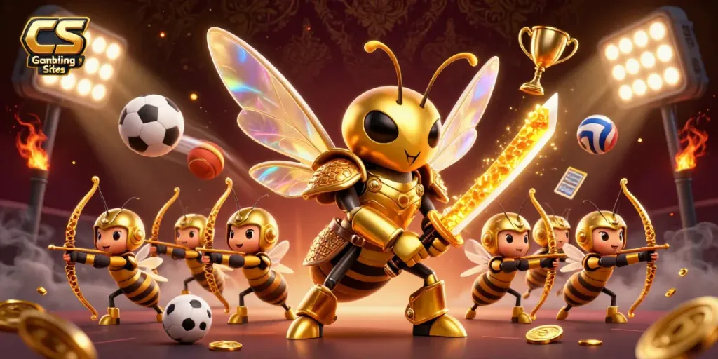 Bet on CS Gambling Sites with a dynamic scene featuring a golden hornet in armor and sports elements.