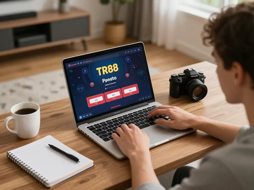 Engaged gamer exploring the TR88 link for online poker on their laptop.