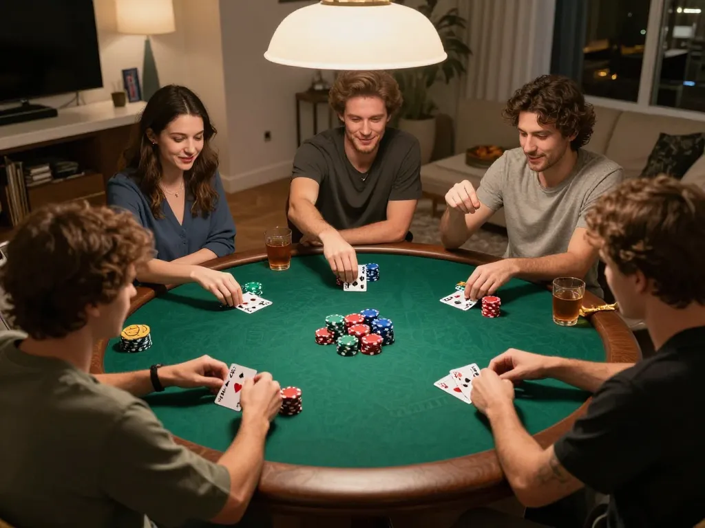Friends playing poker at home with colorful chips during a slot toto gaming night.