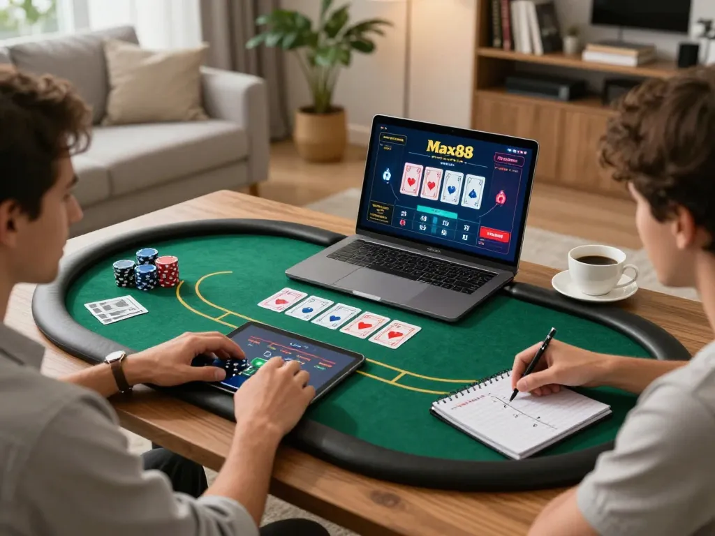 Player strategizing at Max88 with laptop showing poker game and notes