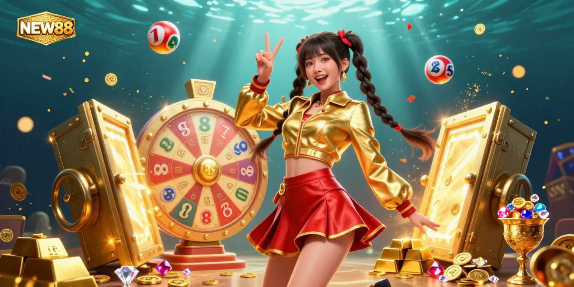 Engage with exciting games at NEW88, featuring vibrant 3D visuals of colorful lottery balls and a spinning prize wheel.