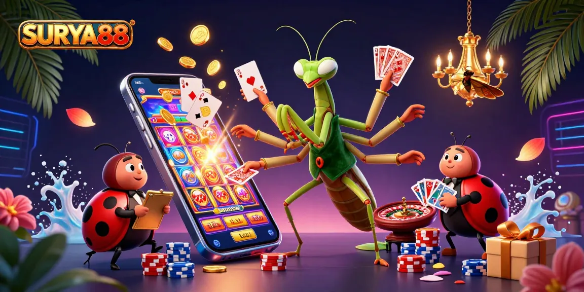 SURYA88 showcases a vibrant casino scene with a giant praying mantis dealer, celebrating wins and delivering excitement.