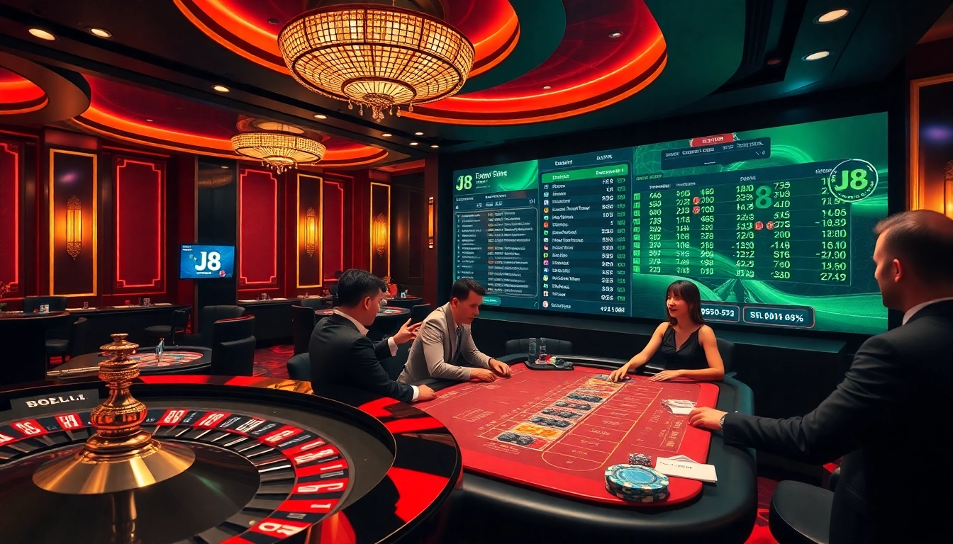 Players experiencing the excitement of J8's casino interface with vibrant lighting and gaming elements.