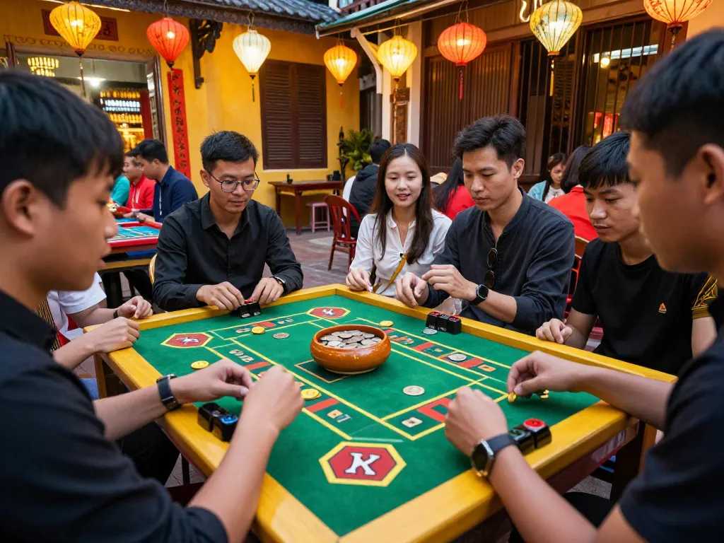 xóc đĩa game in action with players excitedly betting at a colorful table in a Vietnamese market