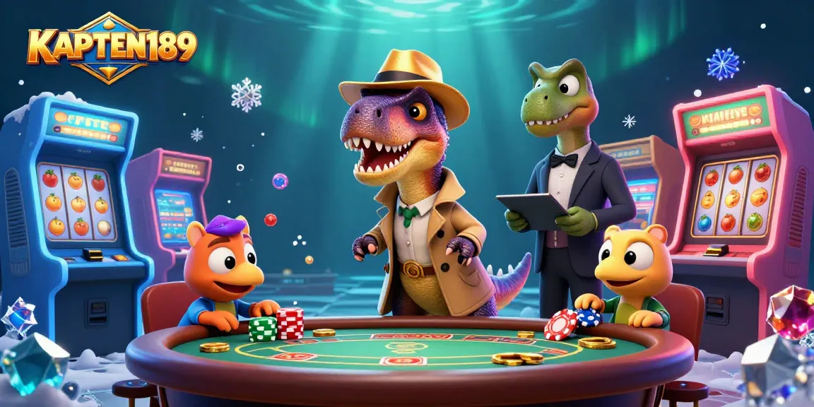 KAPTEN189 bermain slot sambil dikelilingi mesin arcade yang berkilau dan berbagai simbol keberuntungan.
