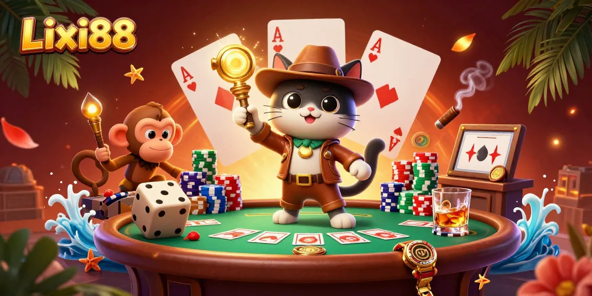 Lixi88 offers thrilling gameplay with cartoon characters at a vibrant casino scene, dynamic poker elements, and rich details.