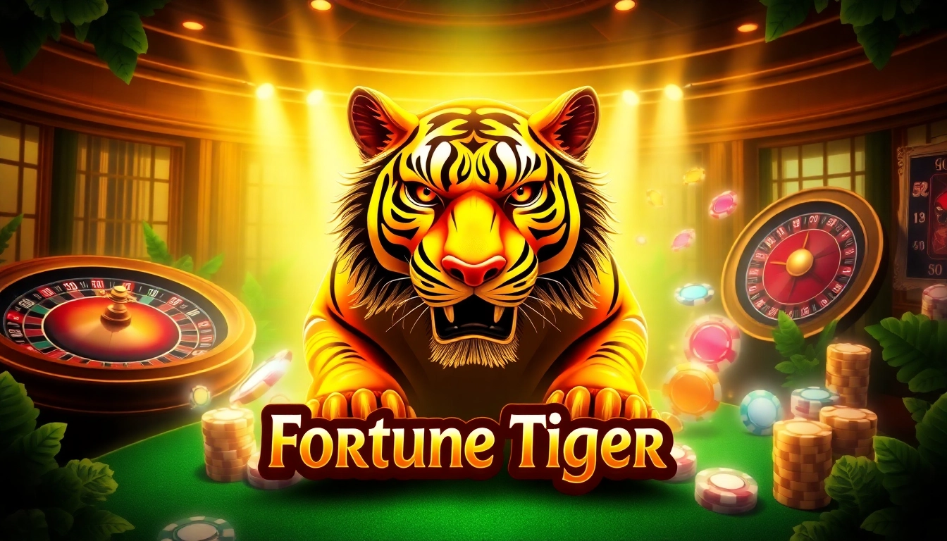 Captivating scene of สล็อต Fortune Tiger คืออะไร with gold tiger, casino visuals, and dynamic slot game elements.