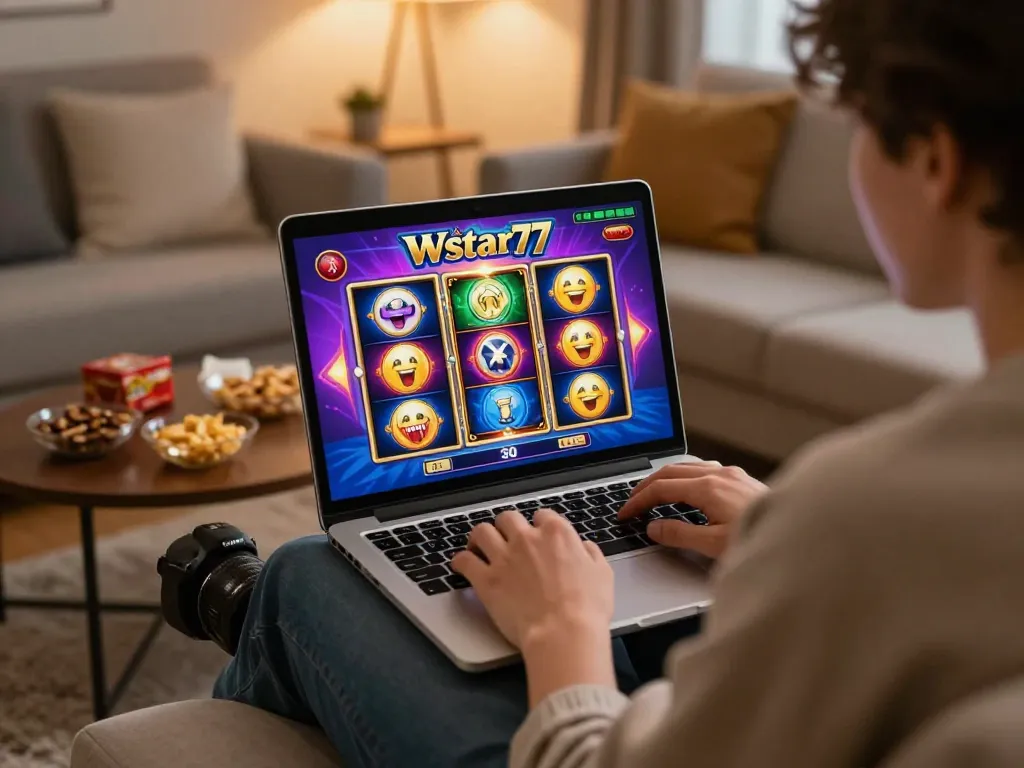 Wstar77 online casino player enjoying vibrant slots game at home in cozy atmosphere.