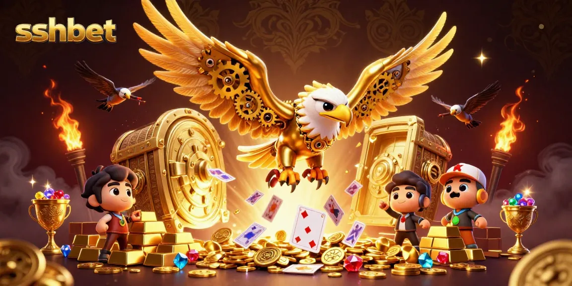 Engage in thrilling gameplay at sshbet, featuring a dynamic scene of a golden eagle amid holographic cards.