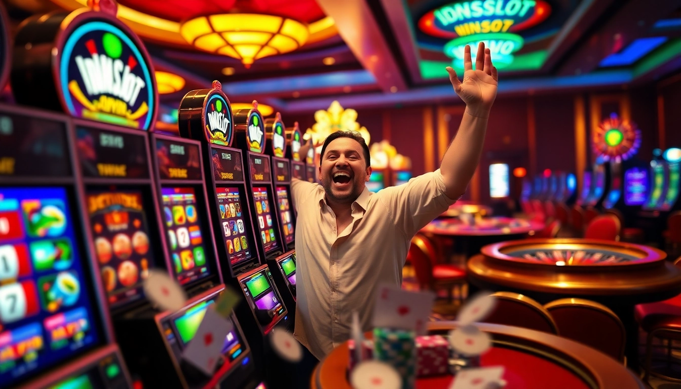 Player celebrating a jackpot win on the IDNSLOT machine in a vibrant casino.