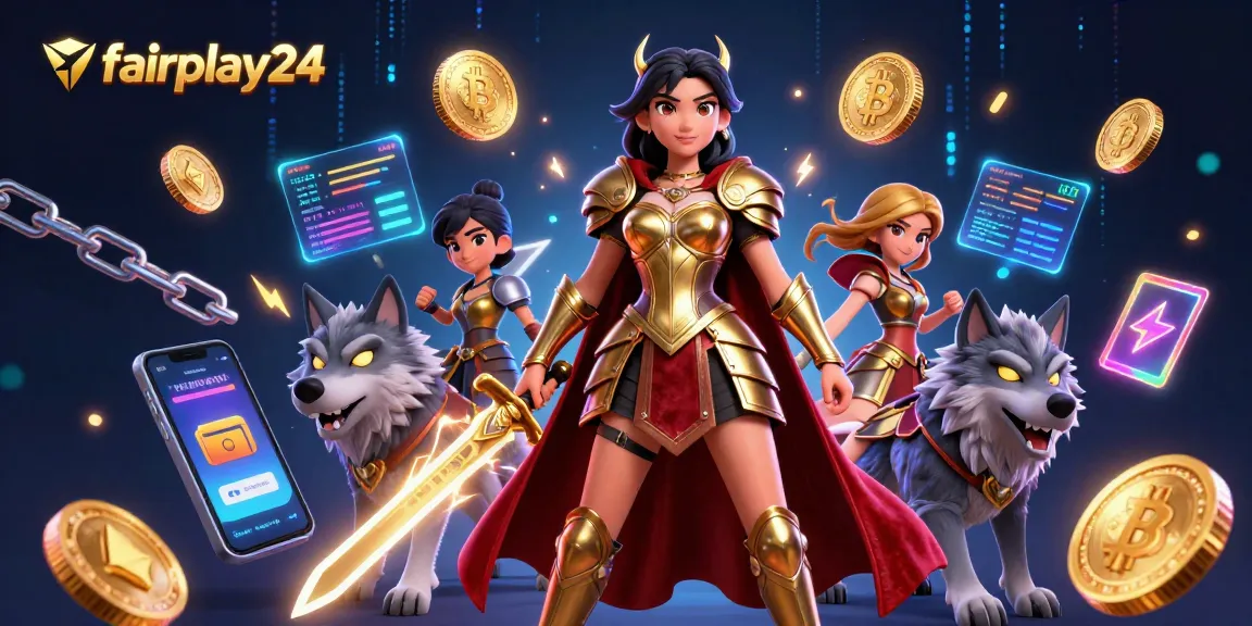 Engage with fairplay24: A warrior queen and her wolf companion depict dynamic betting scenes in crypto gaming.