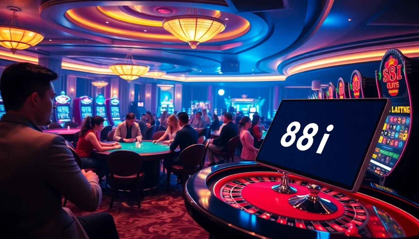 Casino scene featuring players engaging at tables with 88i branding, embodying excitement in gambling.