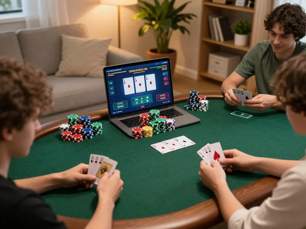 Engaging online poker scene showing ทางเข้า m117 gaming excitement in a cozy home environment.