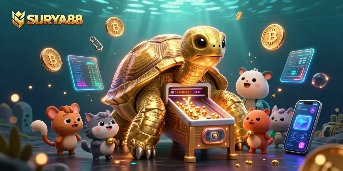 SURYA88 highlights thrilling casino action with an animated tortoise as a pinball machine, surrounded by crypto elements.