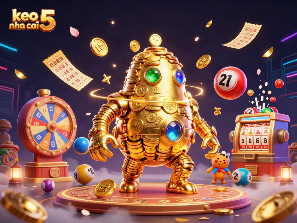 Get ready to bet with keo nha cai 5, featuring a dynamic illustration of a golden golem surrounded by vibrant casino elements.