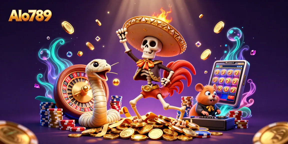 Alo789 showcases a festive scene with a skeleton mariachi rooster dancing amidst sparkling coins, emphasizing excitement in gaming.
