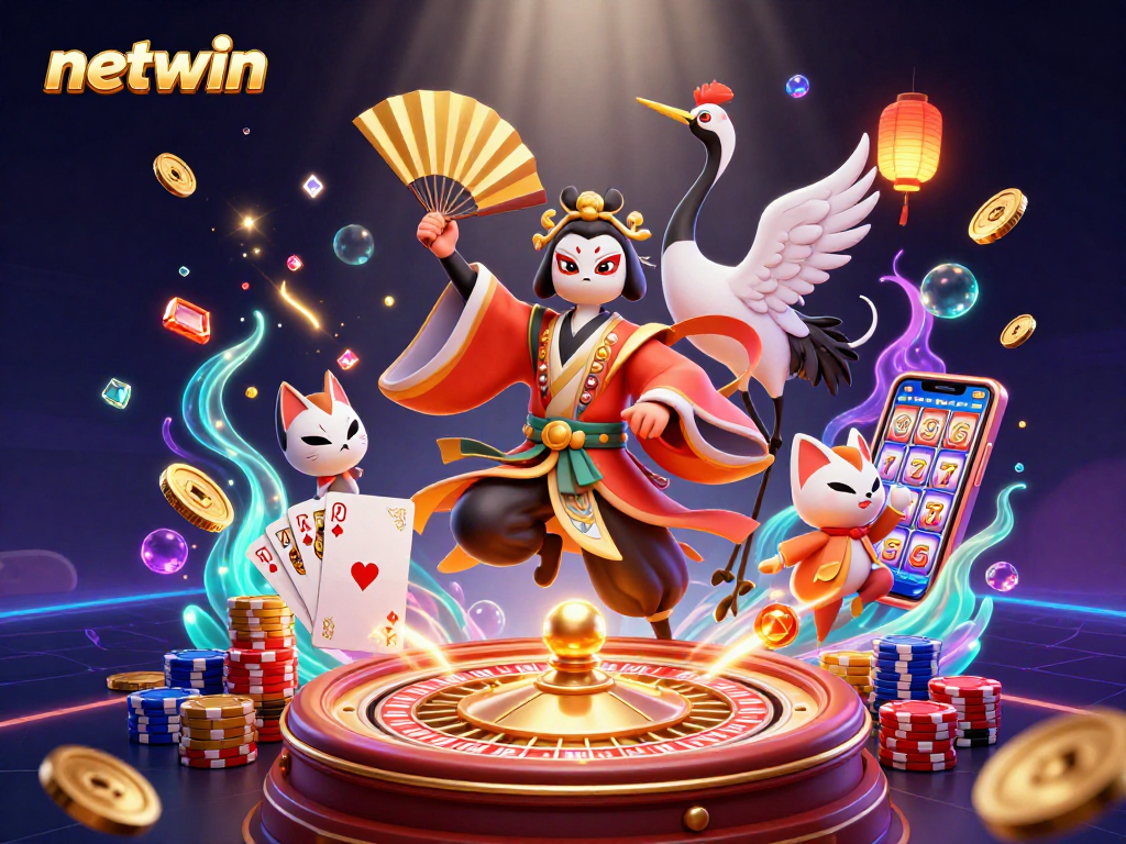 Experience the dynamic world of netwin with this vibrant 3D casino scene featuring kabuki and kitsune characters.