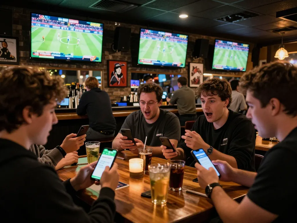 Soi kèo action in a lively sports bar with patrons placing bets during live matches