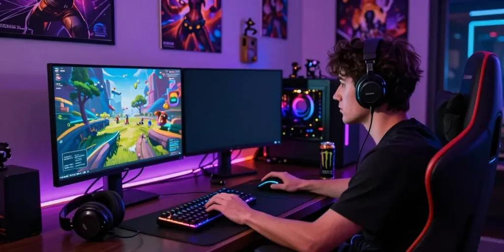 Akunjp gaming setup with colorful visuals, dynamic gaming accessories, and an immersive atmosphere.