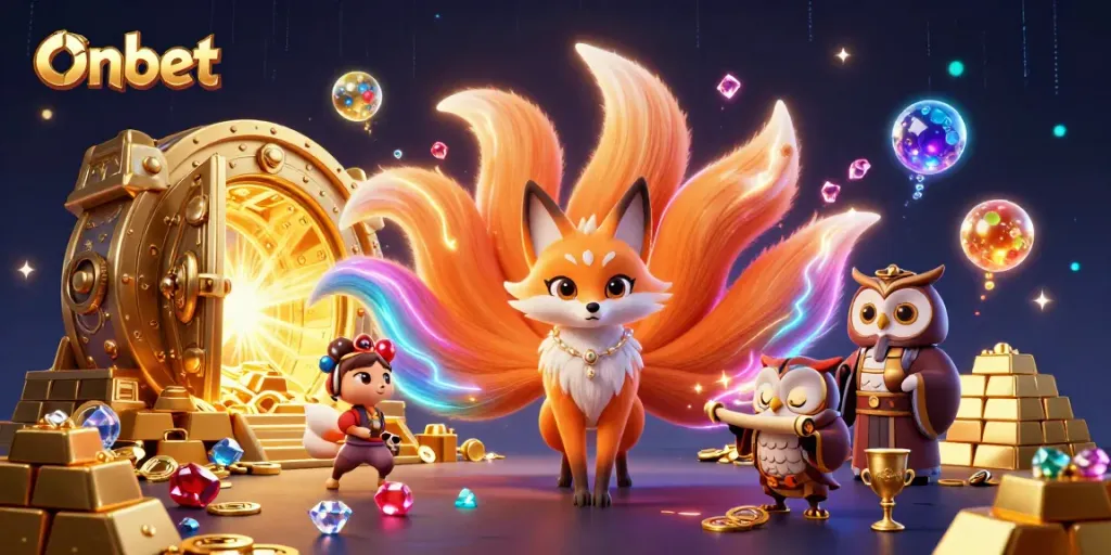 Engage in thrilling gameplay at Onbet with a vibrant 3D scene featuring a spirit fox, glowing treasures, and gambling elements.