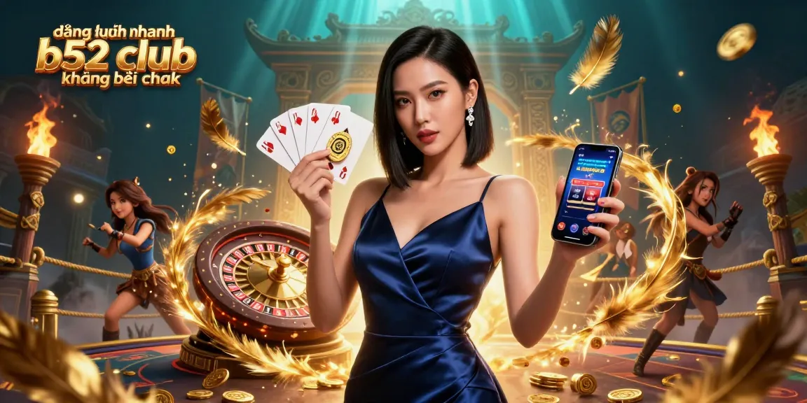 Experience seamless gaming with đăng nhập nhanh b52 club không bị chặn, featuring an elegant woman showcasing her wins.