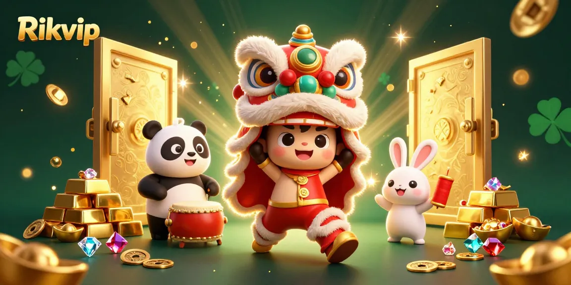 Experience thrilling gaming action with Rikvip's vibrant 3D casino depiction featuring lively characters.